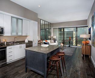 2Hopkins apartments kitchen with separate island with two hightop chairs, quartz counters, stainless steel appliances and white cabinetry and living room and large windows overlooking downtown Baltimore in the background