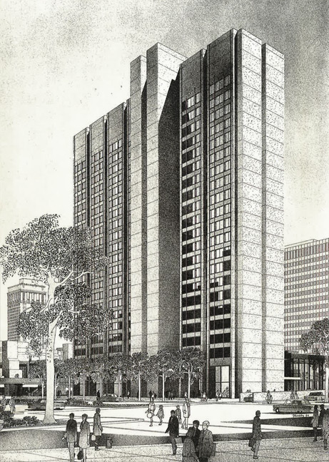 Artist's rendering: 2Hopkins Apartments exterior of high-rise buildings and plaza - Baltimore, MD