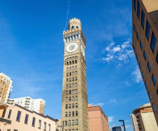photo of Bromo Seltzer clock tower in downtown Baltimore on a sunny day